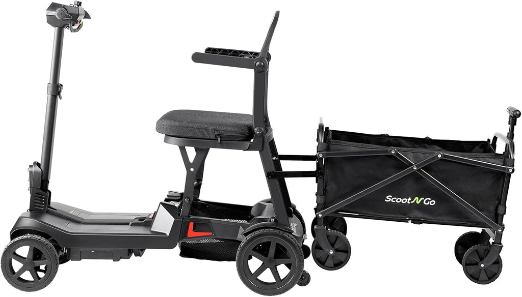 SCOOTNGO Mobility Scooters for Seniors, 4 Wheel Foldable Lightweight Airline Approved Mobility Scooter for Adults, Dual Batteries, Portable, No Assembly Needed (Black Red, with Folding Trailer)