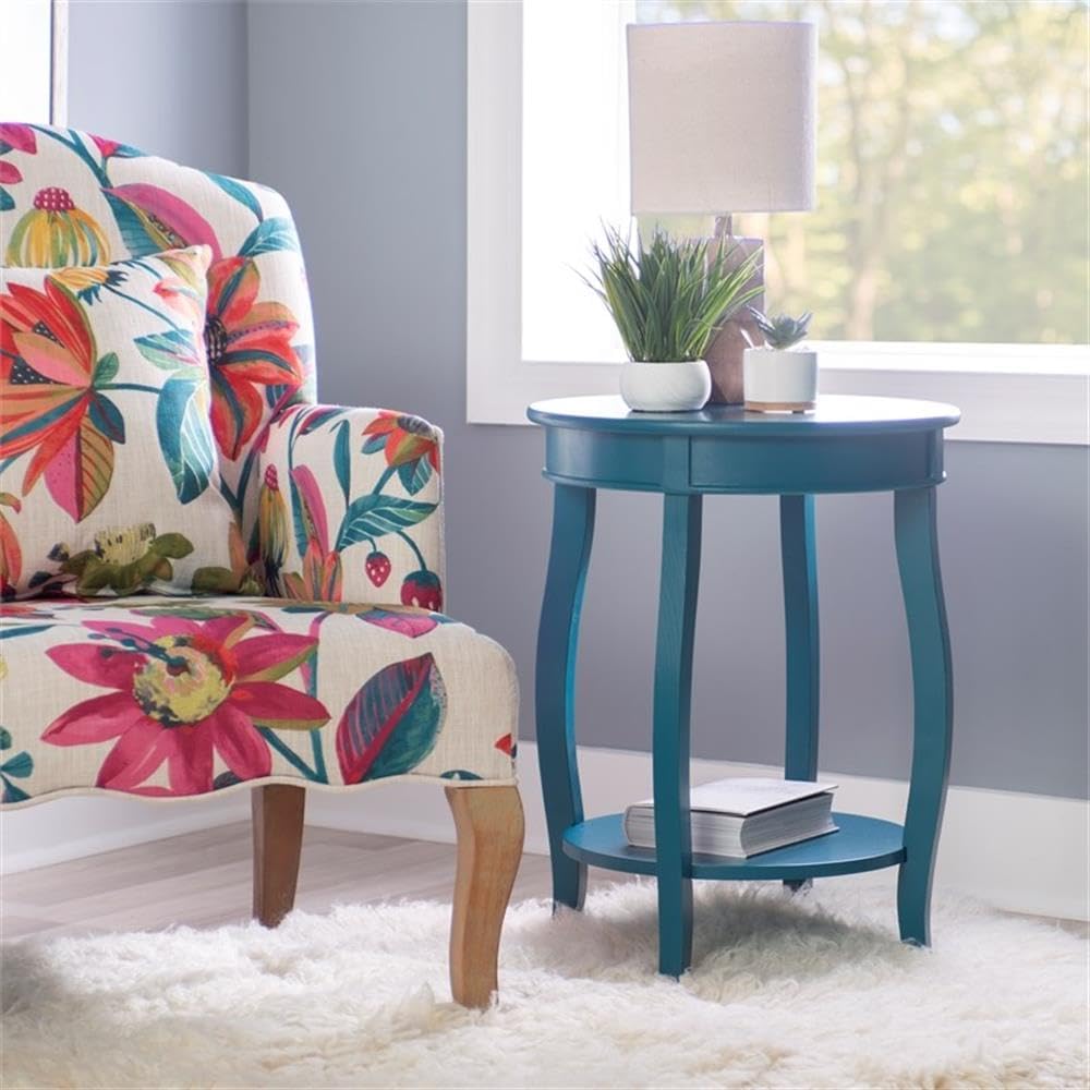 Pemberly Row Round Wood End Table with Shelf, Teal Blue Painted Finish, 24 in Height, MDF and Solid Wood, Cabriole Tapered Legs, Contemporary Accent Table for Living Room, Bedroom or Indoor Use