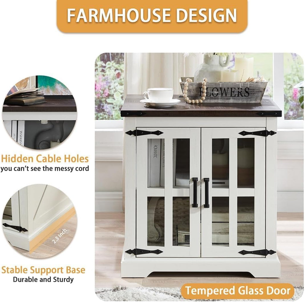 Barnyatoh Farmhouse End Table with Charging Station,24' Large Sofa Side Table with Glass Barn Door, Rustic Wood Nightstand Bedside Table with Adjustable Storage Shelf for Living Room, Bedroom,White
