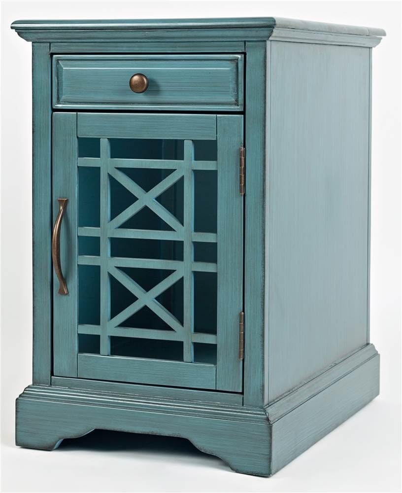 Jofran Farmhouse Craftsman End Table with Charging Station – Narrow Night Stands with USB Charging Port – Space-Saving Design for Bedroom, Living Room, or Entryway, Antique Blue