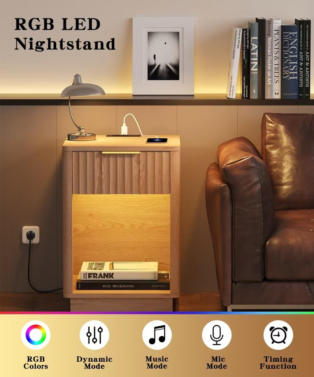Akxomel Fluted Nightstands Set of 2, Wooden Night Stand with Charging Station and LED Light, Modern Mid Century Bed Side End Table with Drawer, 15' D x 15.7' W x 22.6' H, for Bedroom, Natural Oak