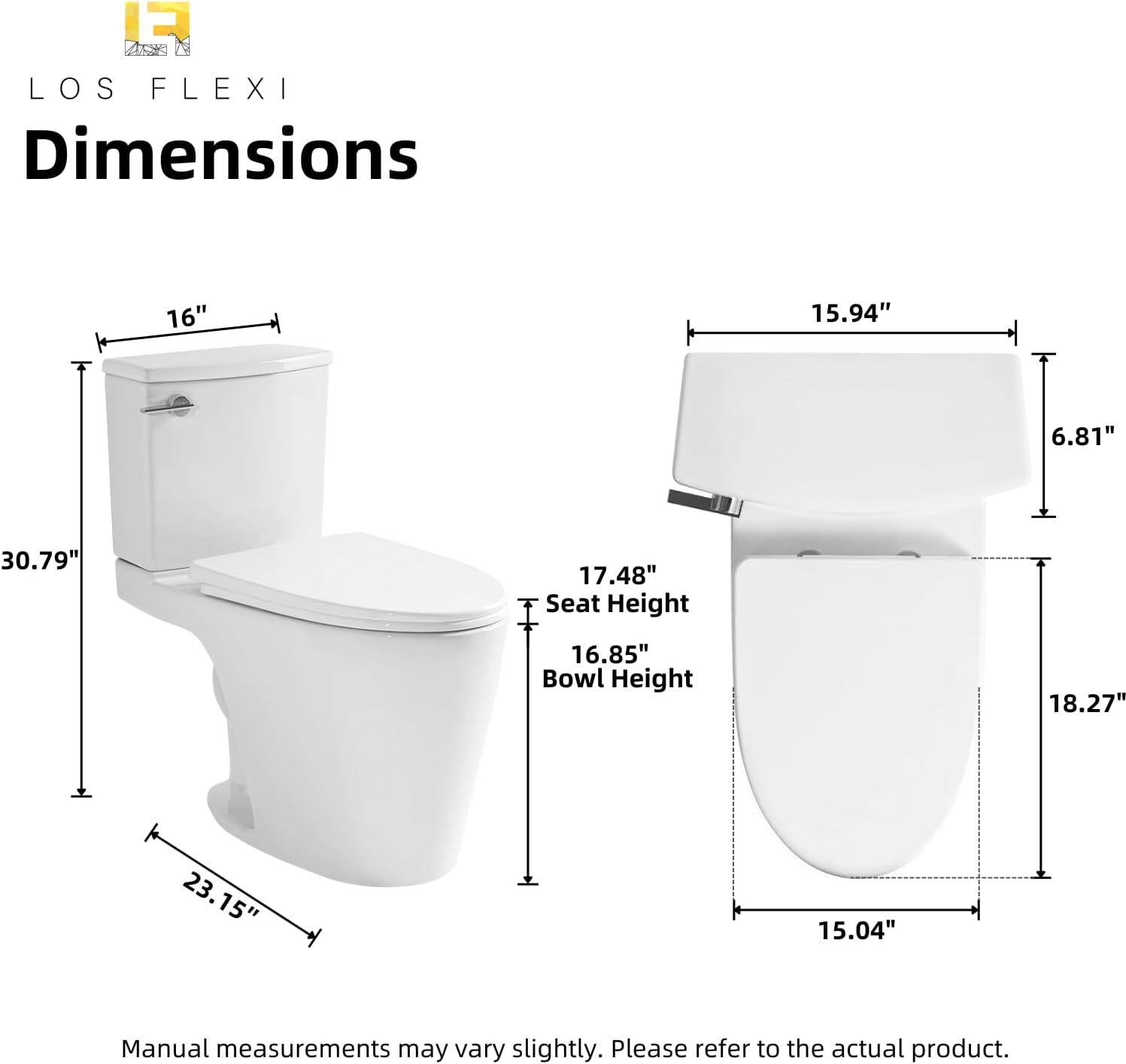 17.5' ADA Comfort Height Two Piece Toilet For Bathroom, Los Flexi Chair Height Toilet, 1.28 GPF Single Flush, Elongated Bowl, Soft-Close Seat, 12' Rough-In, Half Skirted Design & Easy Installation