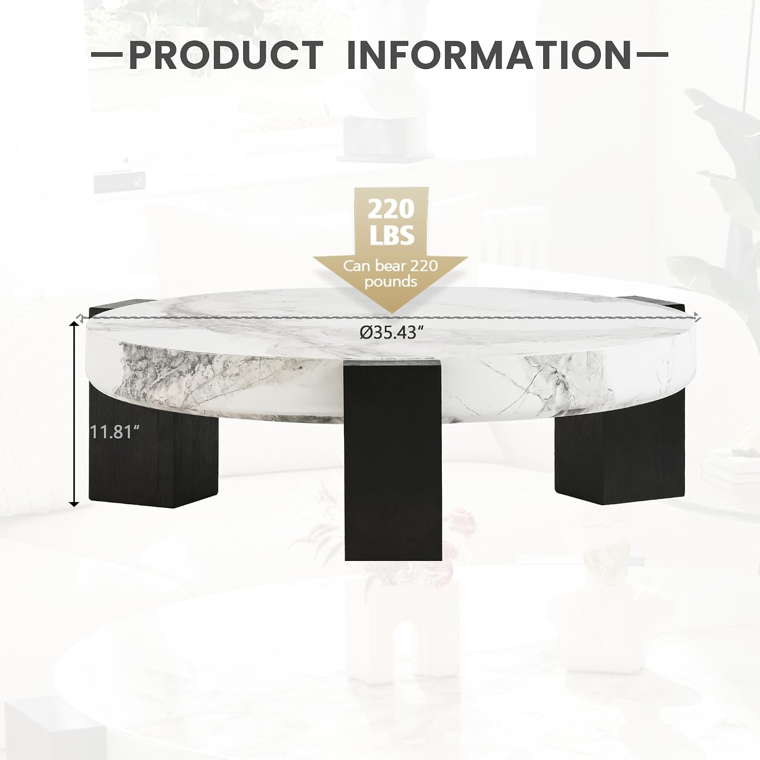 35.43' Modern Round Coffee Table,White Center Coffee Table with Faux Marble Texture Surface& Strong Wood Legs,Round Center Coffee Table for Living Room/Apartment/Farmhouse/Office(Only Table)
