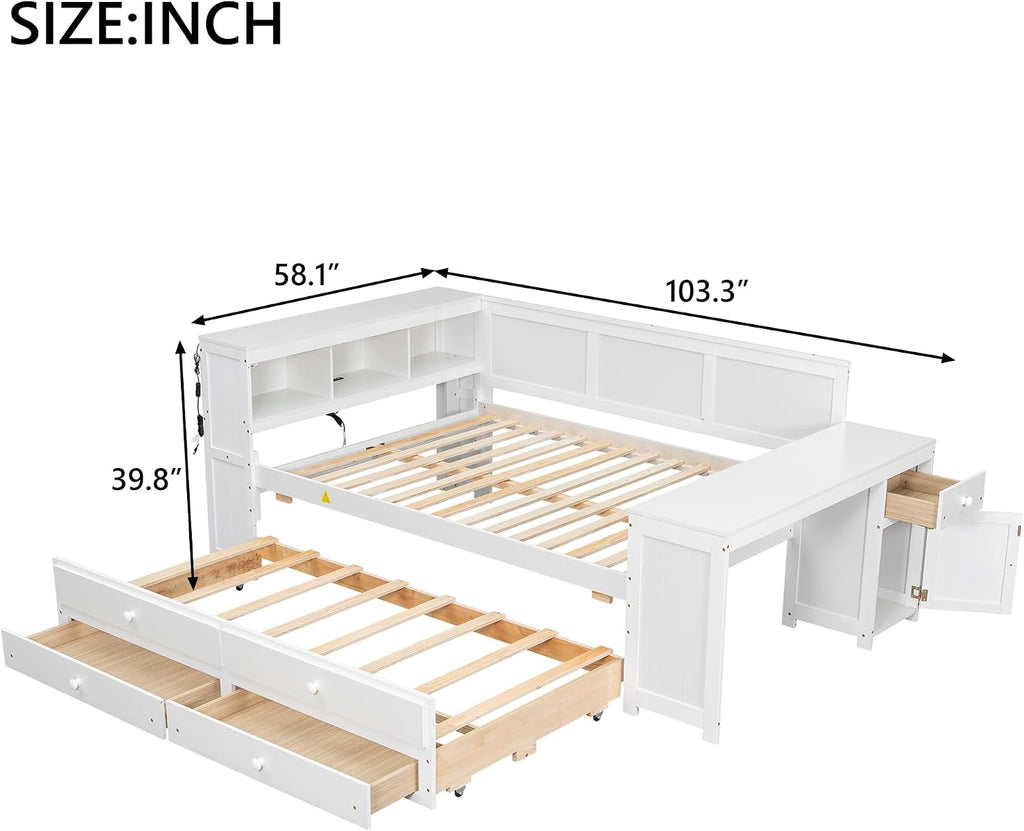 Merax Corner Full Bed Frame with Desk and Led Lights,Wood Platform Bed Frame with Trundle and 2 Drawers,Full Size Daybed with Storage and Charging Station for Living Room,Bedroom,Guest Room,White