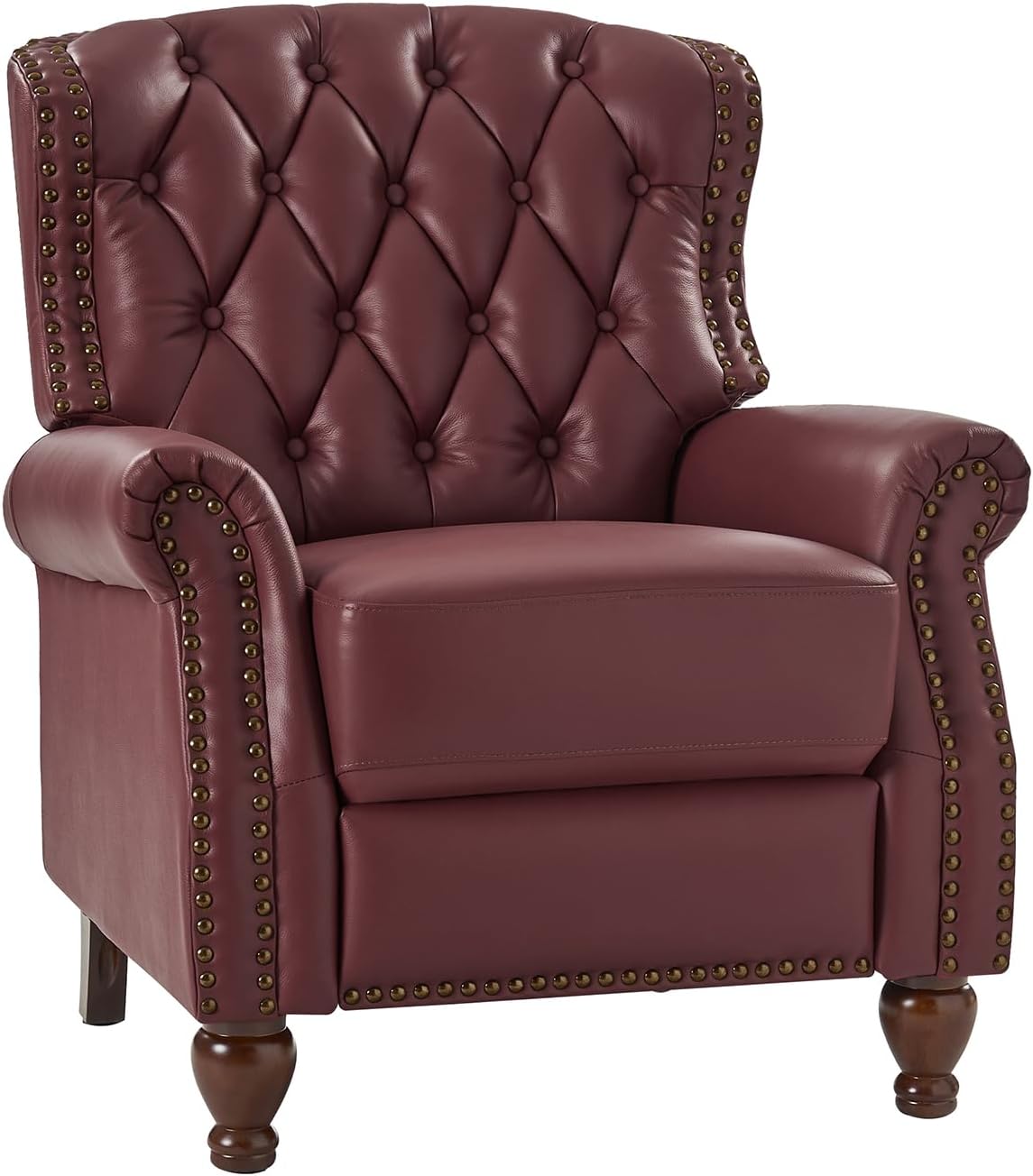 HULALA HOME Genuine Leather Recliner Chair with Solid Wood Feet, Modern Adjustable Tufted Push Back Arm Chair w/Rivet Decoration, Home Theater Seating Single Reclining Sofa for Living Room, Burgundy
