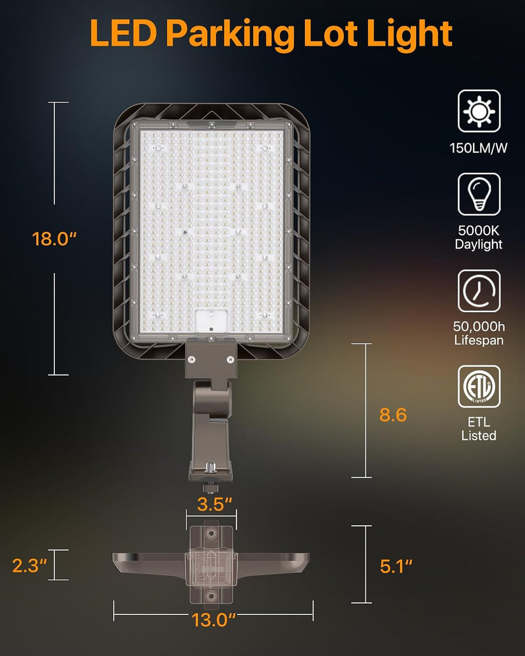 300W Led Parking Lot Light Adjustable Arm Mount 2Pack, 45000LM Dusk to Dawn Photocell Shoebox Lights Outdoor 5000K IP65 Waterproof 100-277V Street Area Lighting for Court, Parking Lot, Roads