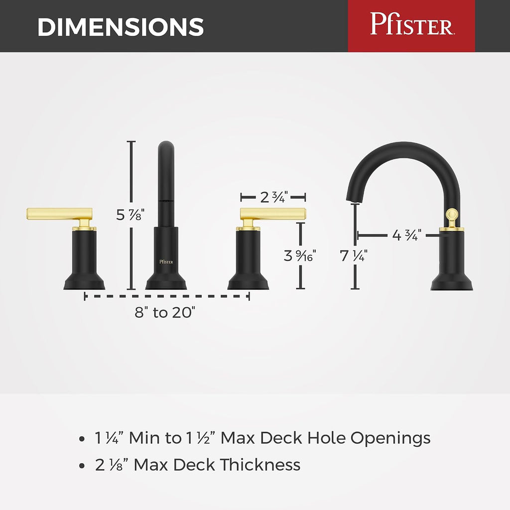 Pfister Capistrano Widespread Bathroom Sink Faucet 2-Handle 3-Hole Matte Black and Brushed Gold Finish NSF Certified with Push & Seal Drain TiteSeal Technology LF049CSOBBG