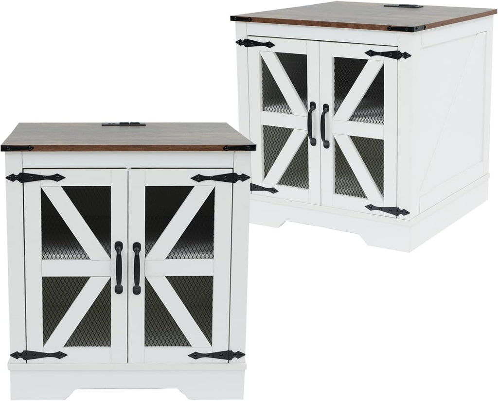 Farmhouse End Table Set with Charging Station Set of 2, Living Room Tables with Hidden Storage, Wood Square Sofa Bedside Tables, Night Stand with Power Outlet and Door, White