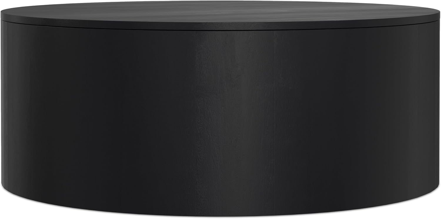 SIMPLIHOME Millbury Drum Coffee Table - 36 inch Wide Solid Mango Wood Round Living Room Table in Black, Contemporary Cocktail Table for Family Room or Lounge with Large Surface, Assembled
