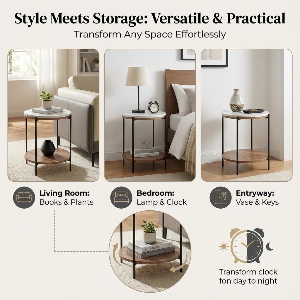 Lyra Round Marble End Table – Solid Acacia Wood Shelf, Open Storage Side Table for Living Room, Bedroom, Entryway, Small Spaces – Nightstand, Plant Stand, Modern Accent Table with Metal Frame