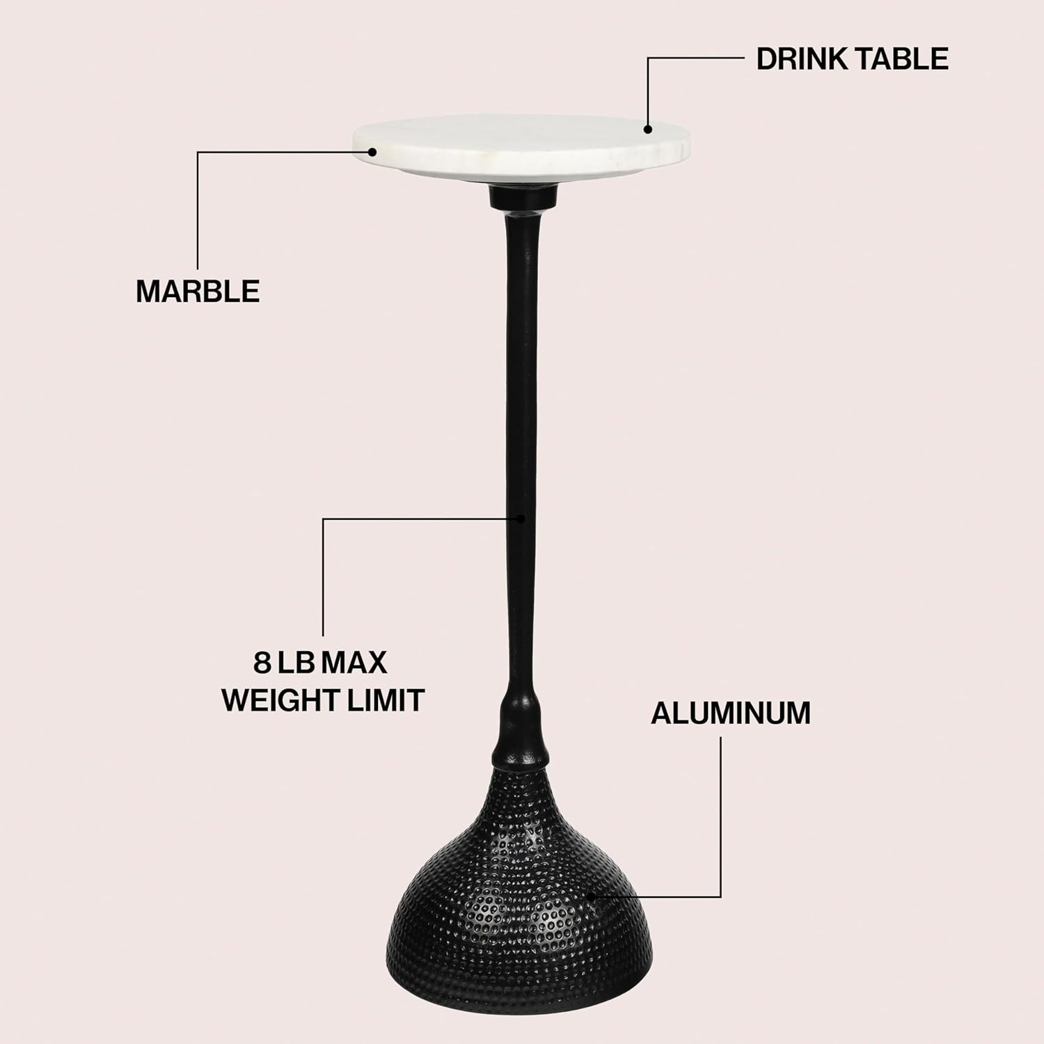 JONATHAN Y END4001C Ava 23.75' Art Deco Contemporary Metal Pedestal Drink Table and Decorative End Table with White Marble Round Top and Hammered Base for Living Room, Bedroom, Office, Black