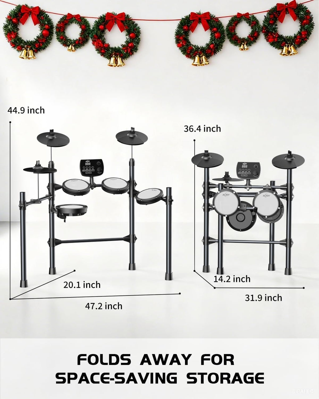 AiJoy Electric Drum Set for Beginners & Adults, Quiet Mesh Pads Digital Drum Kit, Dual-Zone Snare, 5 Drums 3 Cymbals, 195+ Sounds, USB MIDI, Includes Throne, Headphones & Sticks for Apartment Practice
