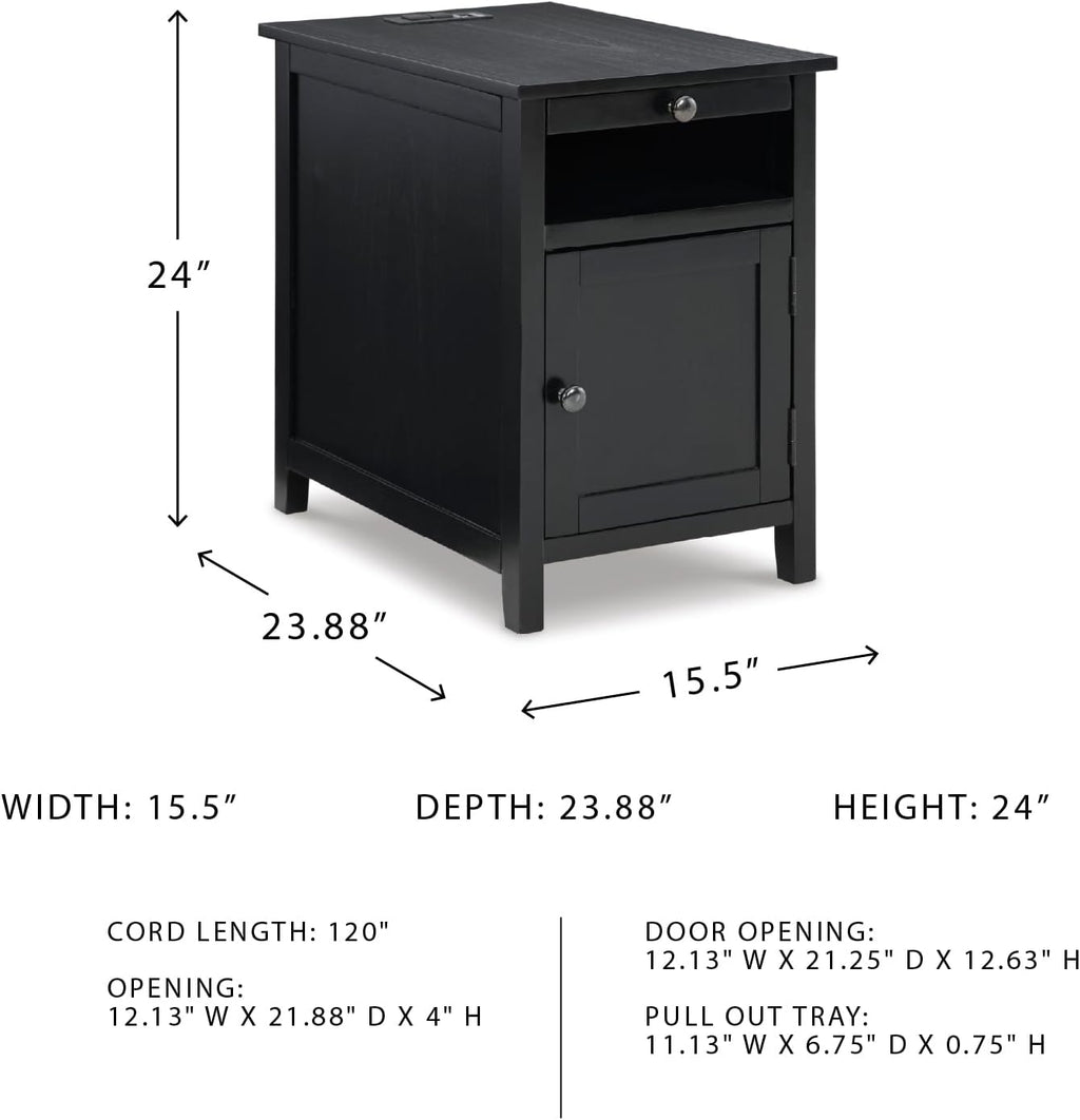 Signature Design by Ashley Treytown Casual Compact Chairside End Table with a Storage Cabinet, Open Cubby Shelf, Pull-Out Tray & USB Charging Ports, Black