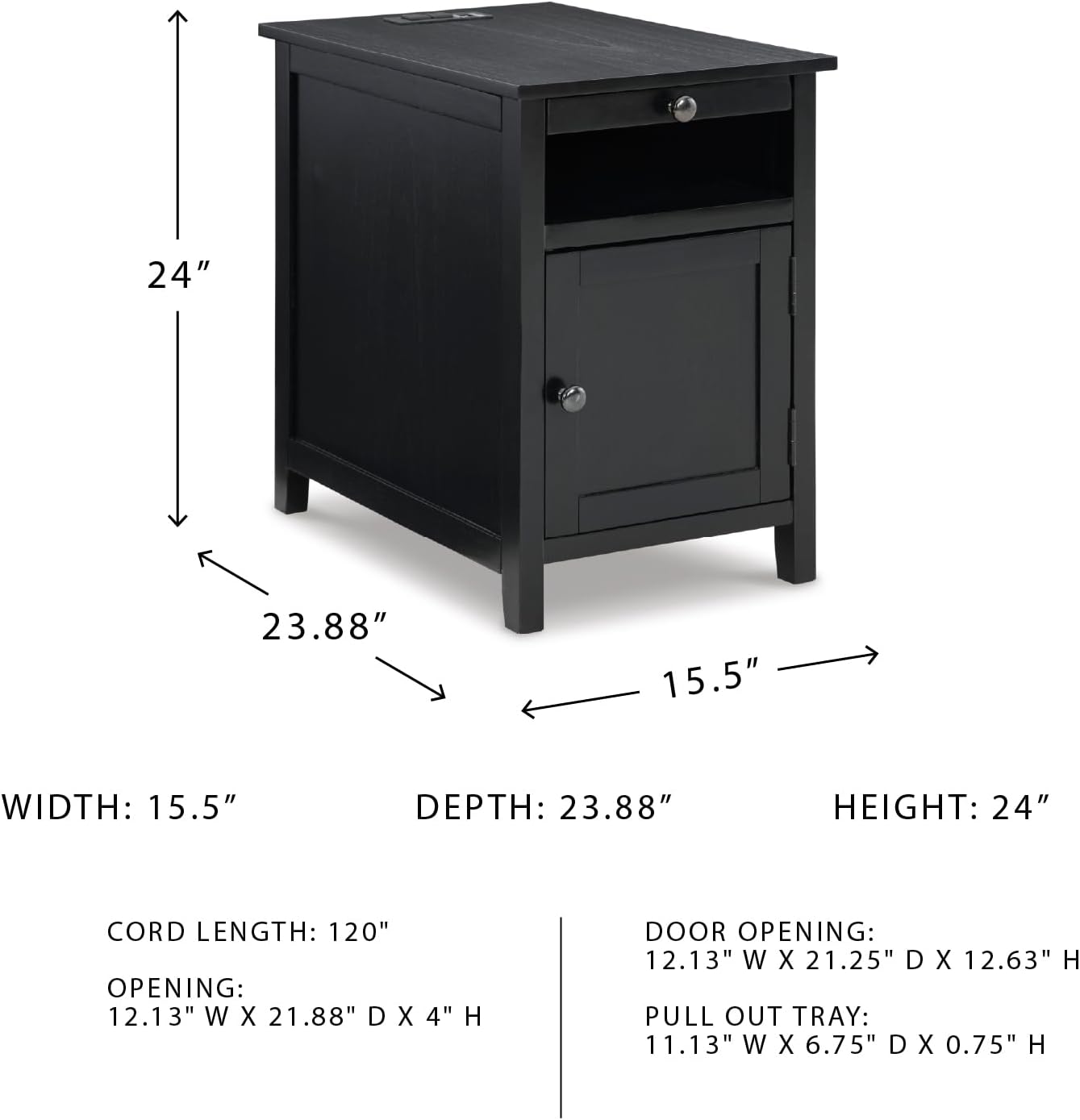 Signature Design by Ashley Treytown Casual Compact Chairside End Table with a Storage Cabinet, Open Cubby Shelf, Pull-Out Tray & USB Charging Ports, Black