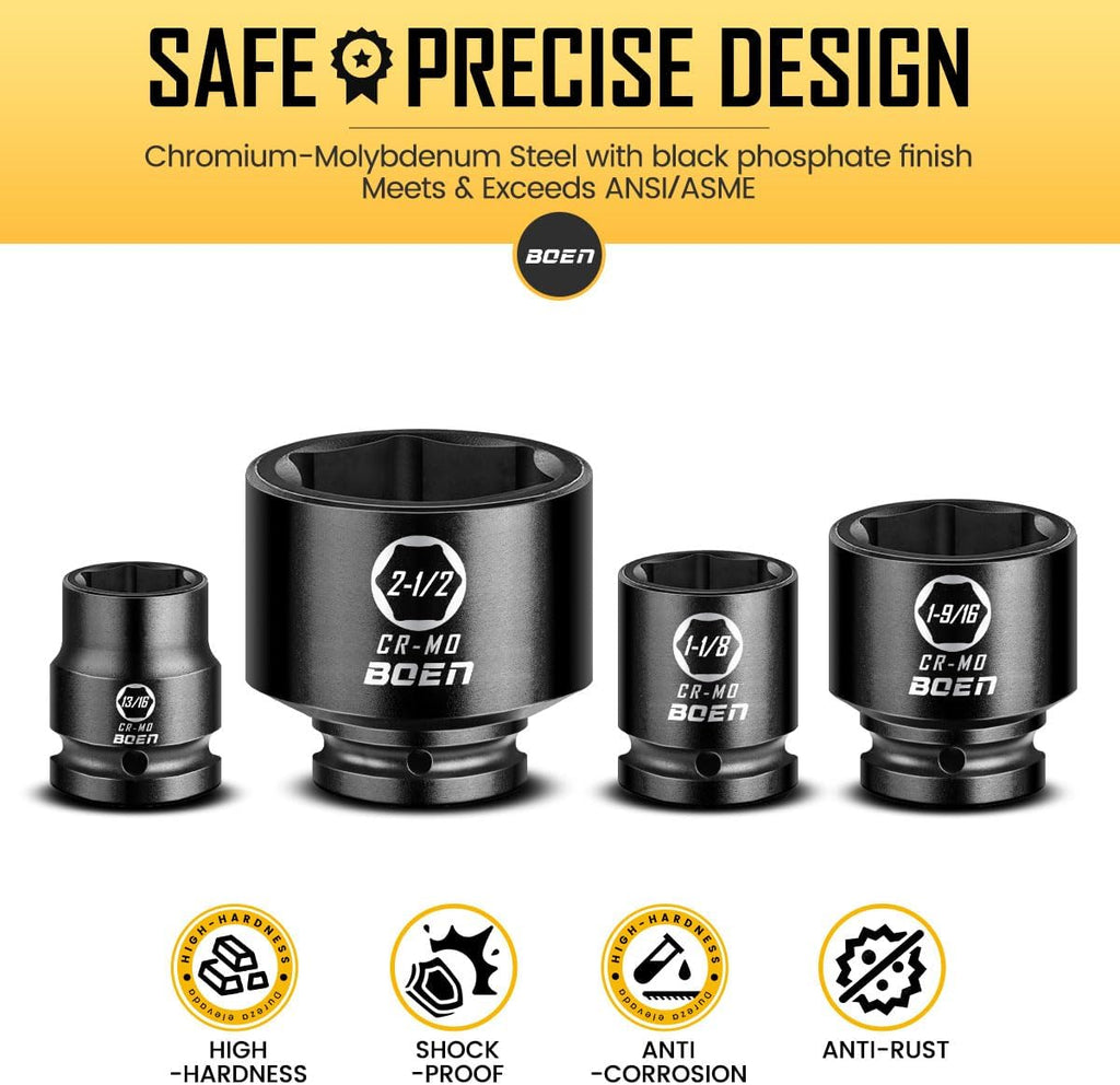 boen 3/4' Drive SAE Impact Socket Set, 3/4 inch - 2-1/2 inch Large Sockets, 6-Point Sockets, Rugged Construction, CR-MO, Standard Socket Set, 29PCS with Storage Case