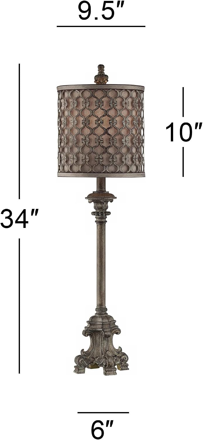 Regency Hill Vichelis 34' Tall Skinny Candlestick Buffet Traditional Vintage End Table Lamps Set of 2 Beige Metal Fabric Shade Living Room Bedroom Bedside Nightstand House Office Home Reading