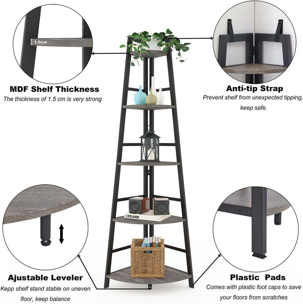 BON AUGURE Industrial Console Table for Entryway with Rustic 5-Tier Ladder Corner Shelf for Living Room and Home Office(Dark Gray Oak)