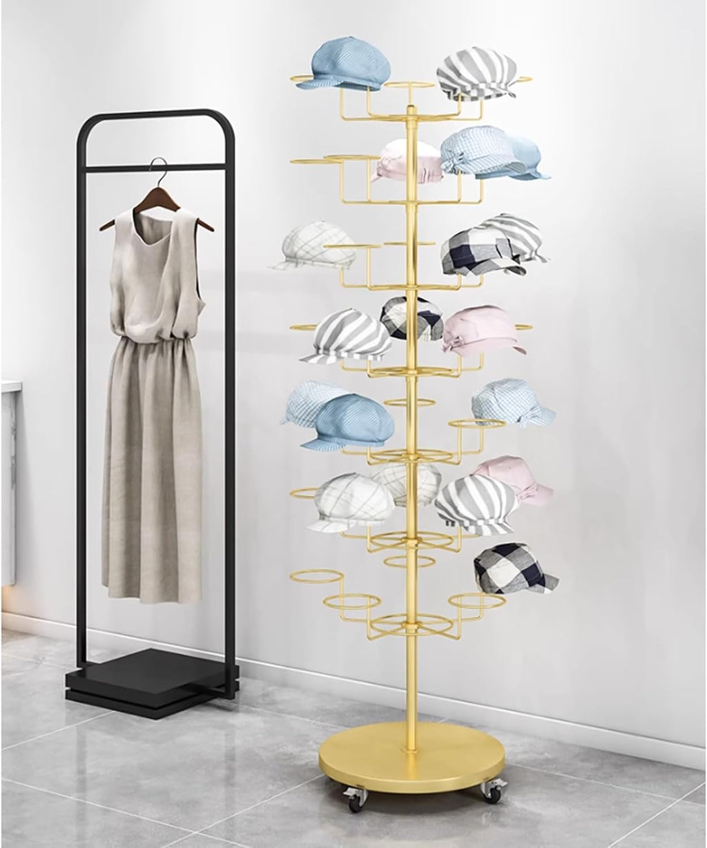 Hat Rack Display Stand Hat Display Rack Rotating Floor-standing Hat Stand Adjustable Hat Headwear Rack Baseball Cap Organizer with Wheels Metal Hat Storage Holders