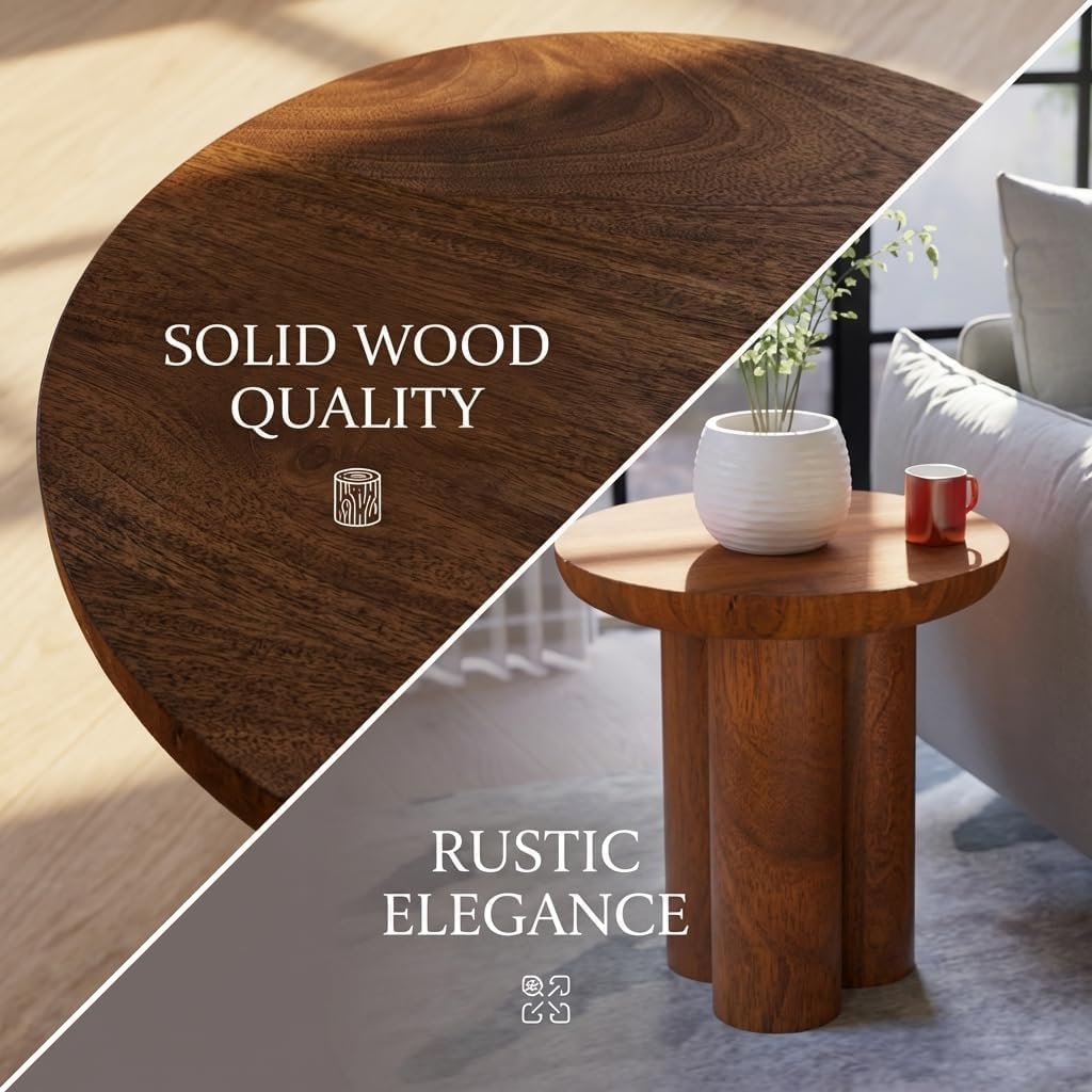 Relso Gaia Round End Table for Living Room and Farmhouse | Solid Mango Wood for Rustic Elegance | Ideal for Side Tables, Nightstands & More | Wood Side Table Round for Bedroom (Walnut)