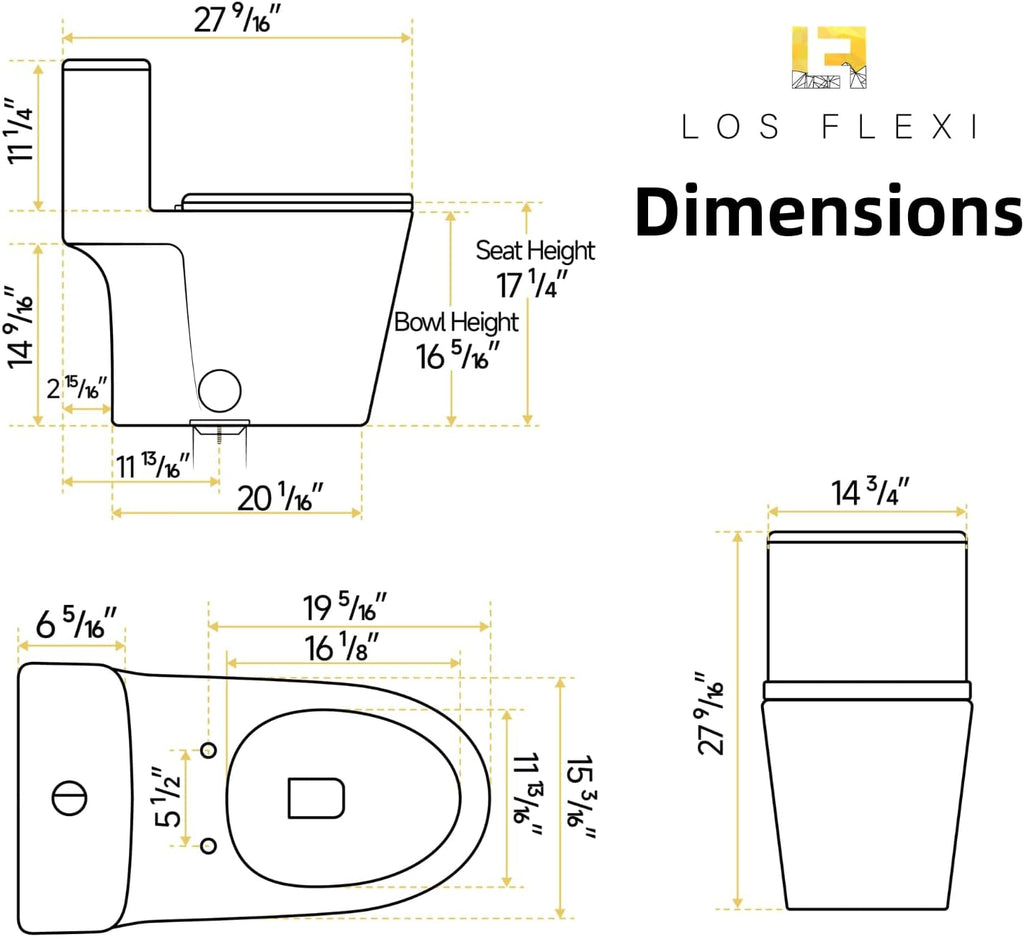 17.3' Elongated One Piece Toilet with Rimless Swirl Flush, Los Flexi Modern Toilets For Bathrooms, ADA Chair Height, Dual Flush 1.0/1.28 GPF, White 17 Inch Toilet Bowl, Soft-Close Seat & 12' Rough-In