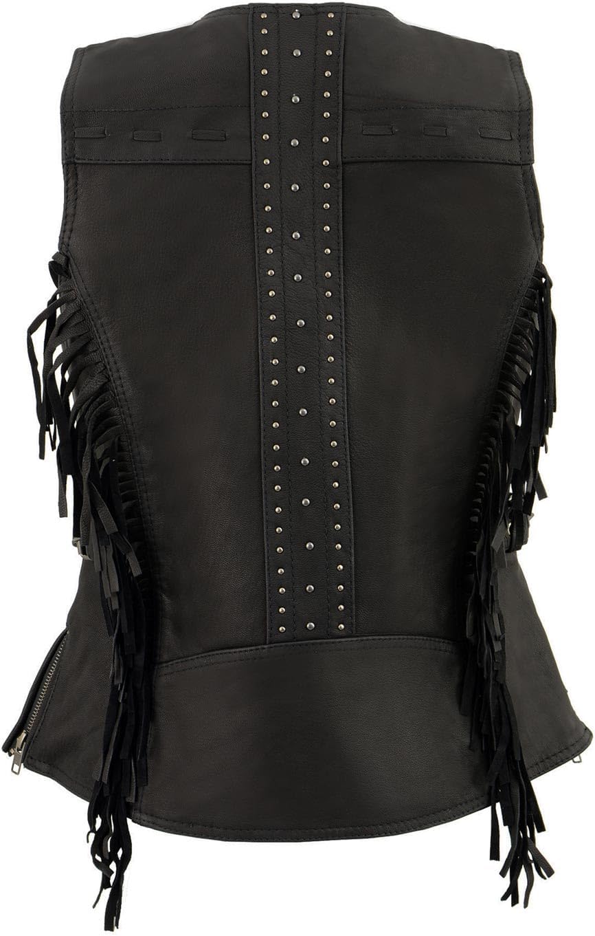 Milwaukee Leather MLL4565 Women's Black Fringed Leather Rivet Detail Side Buckle and Zipper Motorcycle Rider Vest