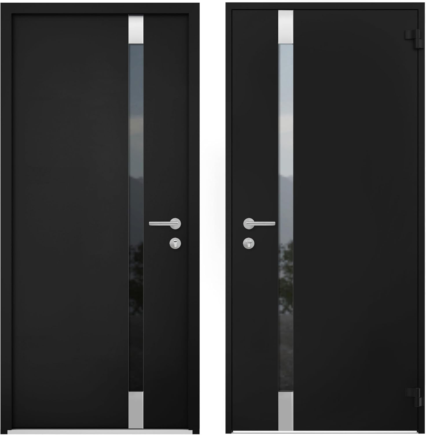 VDOMDOORS Front Exterior Prehung Steel Door/Cynex 6777 Black/Stainless Inserts Single Modern Painted-W36 x H80-Right-hand Inswing
