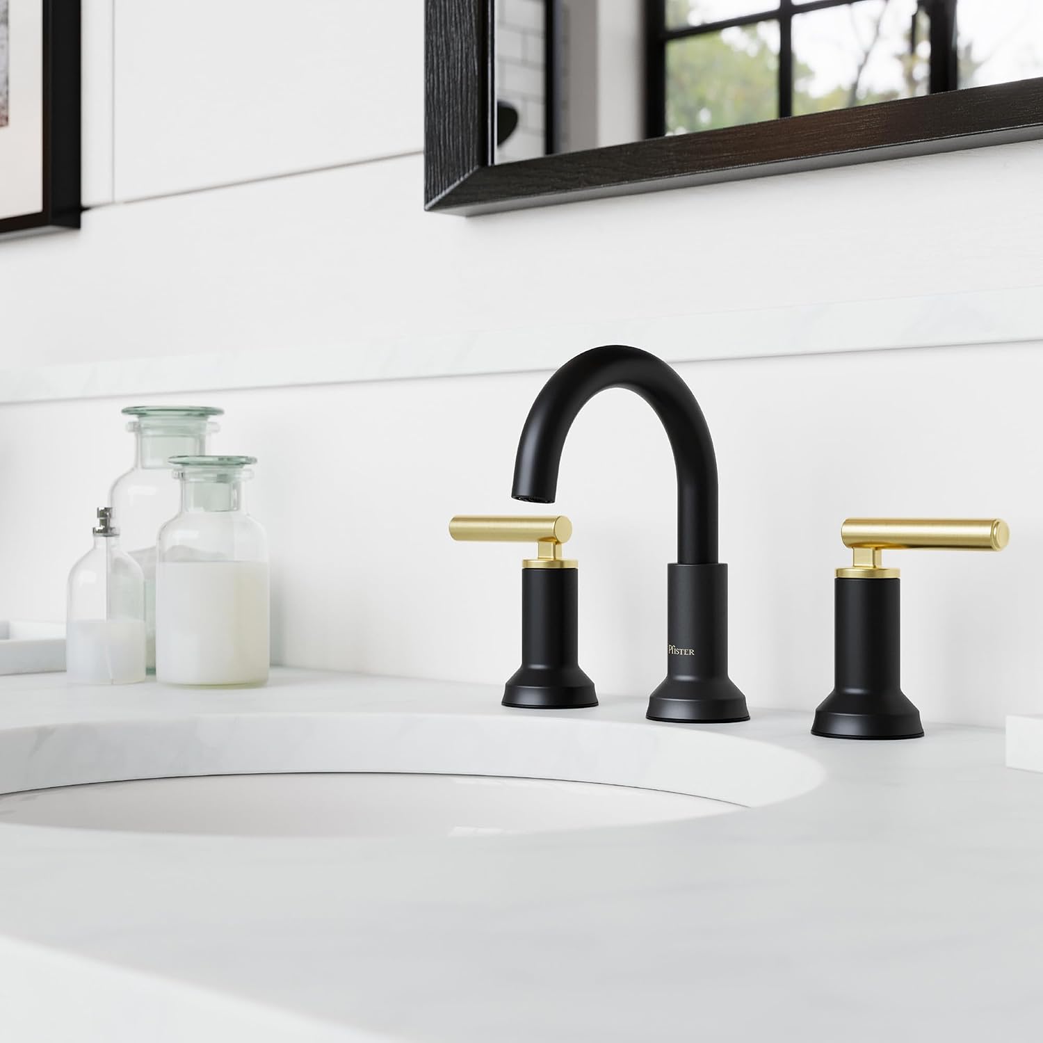 Pfister Capistrano Widespread Bathroom Sink Faucet 2-Handle 3-Hole Matte Black and Brushed Gold Finish NSF Certified with Push & Seal Drain TiteSeal Technology LF049CSOBBG
