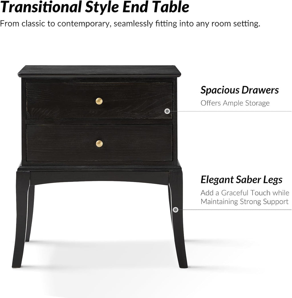 HULALA HOME Solid Wood End Table with Charging Station, 2 Drawer Side Table, Tall Mid Century Modern End Table for Living Room Set of 2, Charcoal