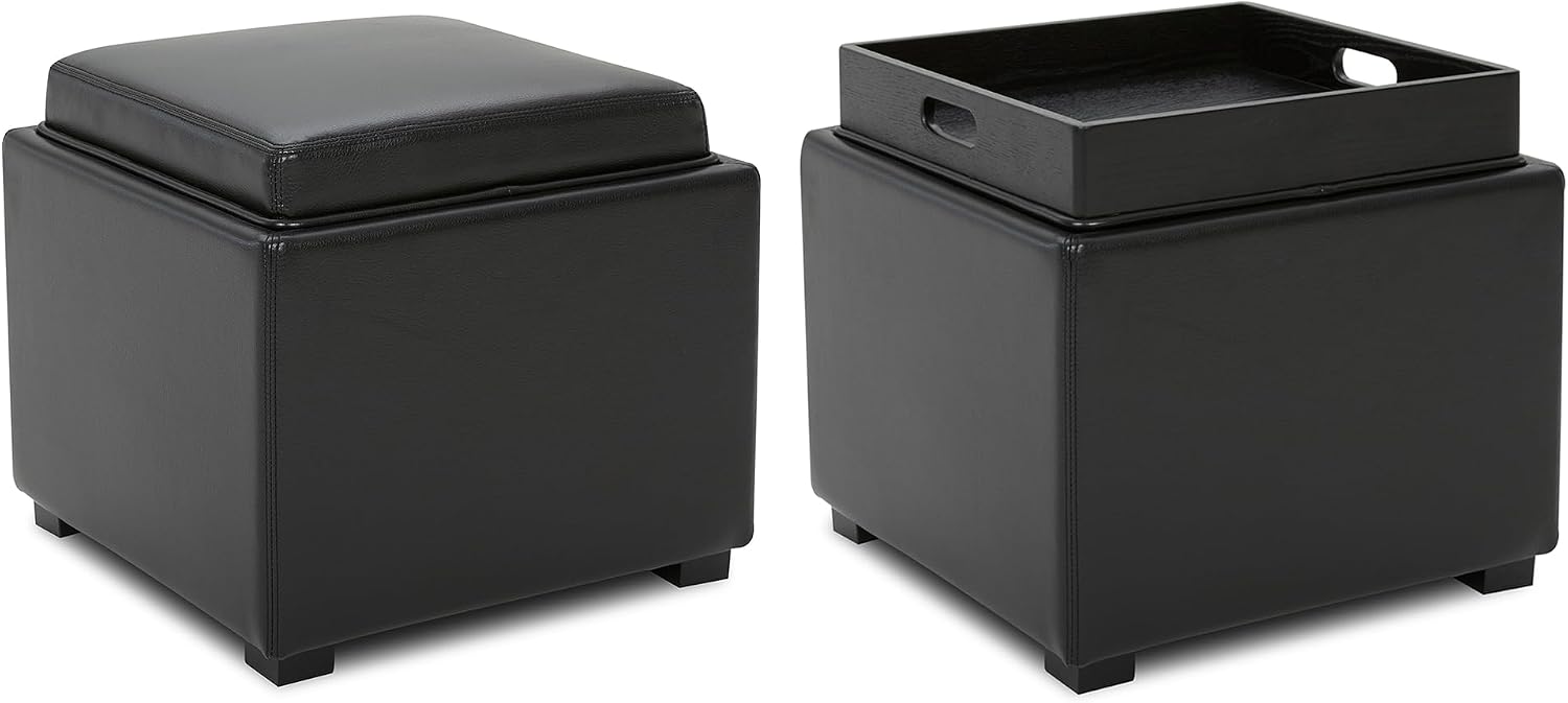 CHITA Storage Ottoman Cube with Tray Lid, Set of 2, Small Footstool with Storage, Square End Table for Living Room and Bedroom, Faux Leather in Black
