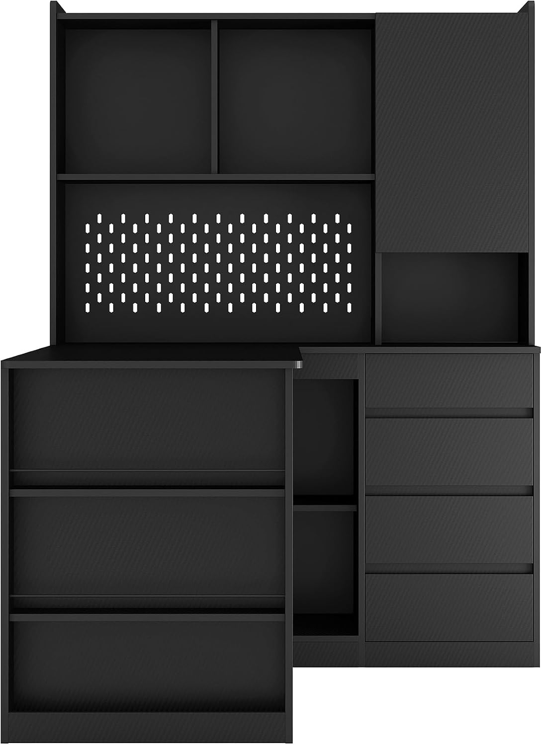 L Shaped Desk, Home Office Corner Desk with Hutch & Drawers and Bookshelf, Modern Study Table Writing Desk with LED Light, Gaming Computer Desk with Storage (Black-48)