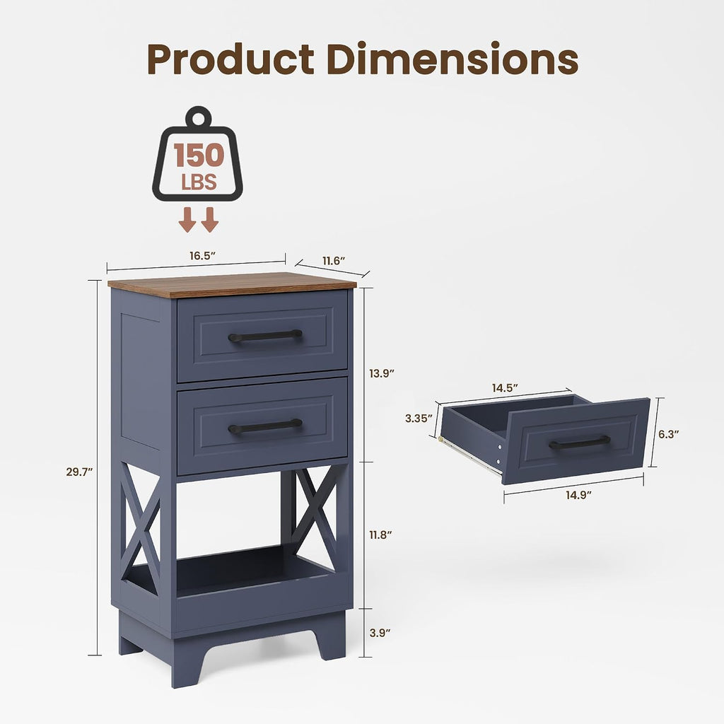 Tall Nightstand Set of 2 Side Table Modern Night Stand with 2 Drawers Wooden Rustic End Table Bedside Table with Upper Open Shelf Solid Feet for Bedroom Navy Blue+Walnut