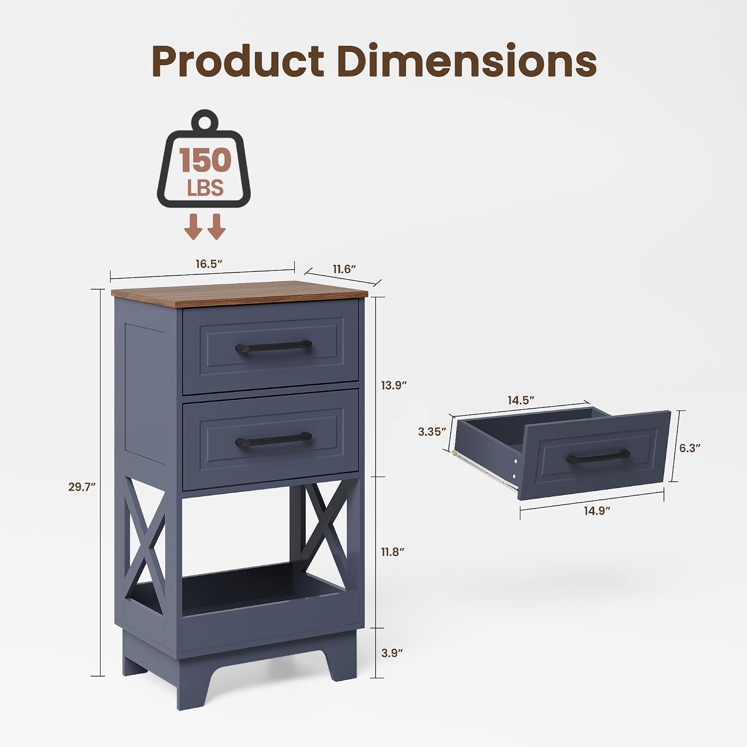 Tall Nightstand Set of 2 Side Table Modern Night Stand with 2 Drawers Wooden Rustic End Table Bedside Table with Upper Open Shelf Solid Feet for Bedroom Navy Blue+Walnut