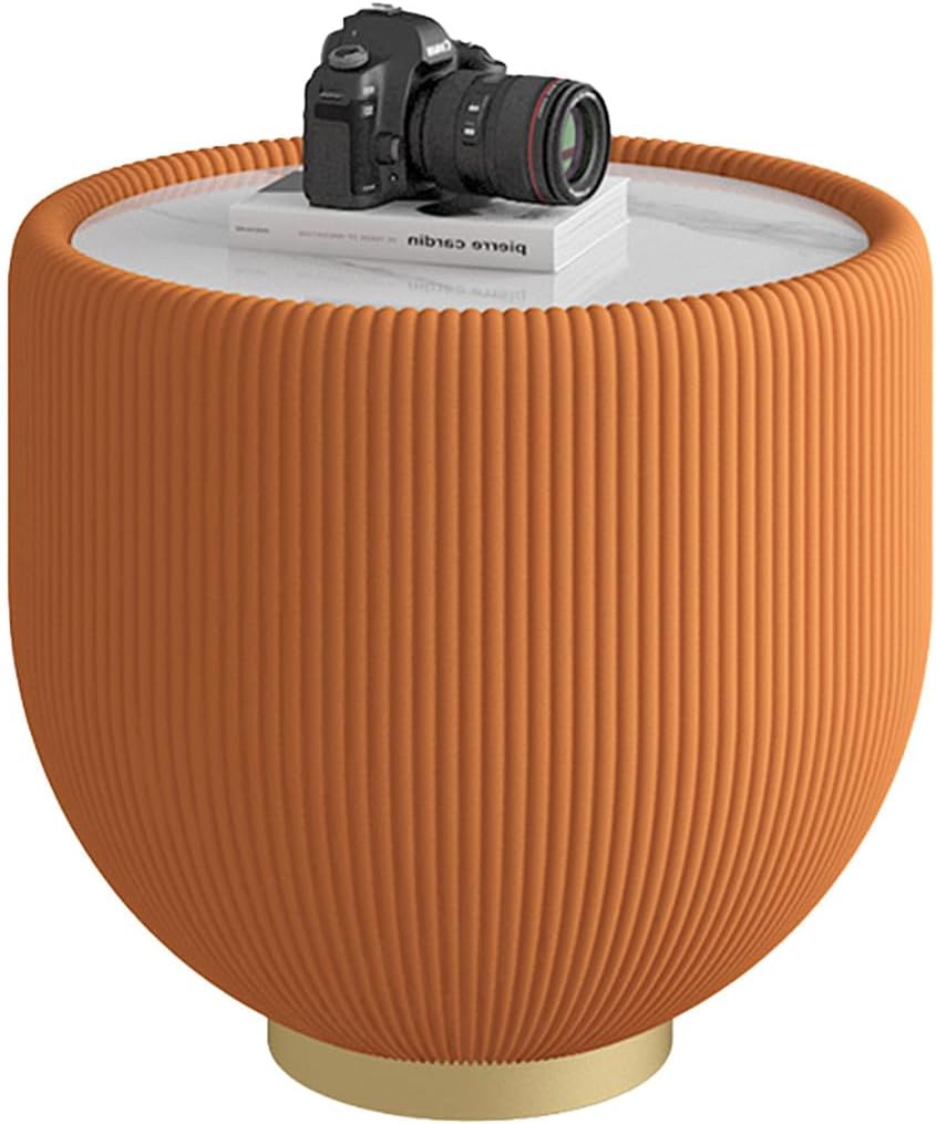Modern Round End Table Luxury Sintered Stone Top Coffee Table in Orange Leatherette Creative Bowl-Shape Small Coffee Side End Table for Living Room Bedroom,Fully Assembled