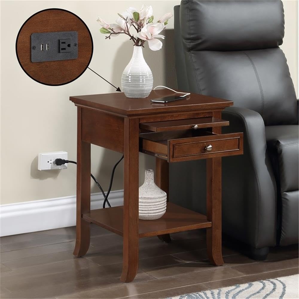 Convenience Concepts American Heritage Logan End Table with USB Ports & AC Outlet 18' - Square Living Room Side Table with Storage Drawer & Pull-Out Shelf, Bedroom Nightstand with Charging, Espresso