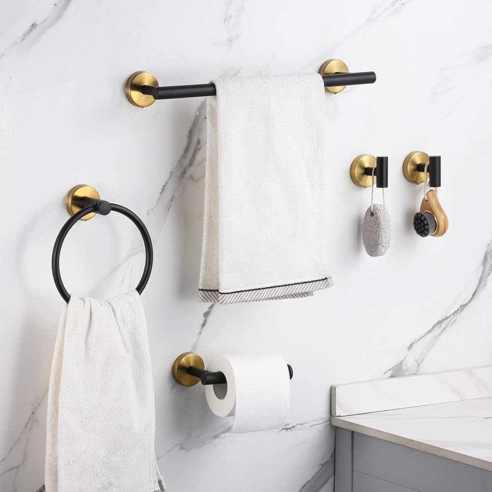 Bathroom Hardware Set Black and Gold Towel Bar Including 2pcs 16inch Bars Toilet Paper Holders,United States