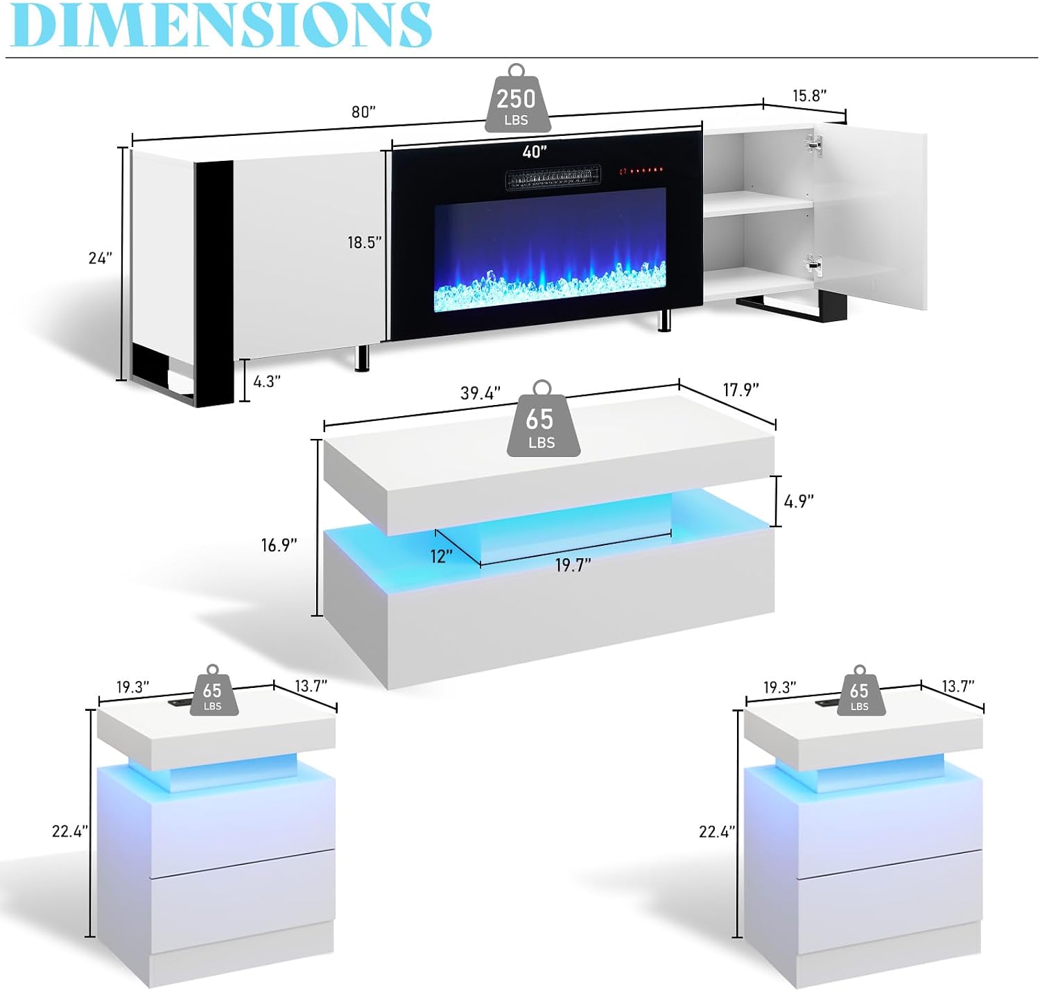 VanAcc 4-Piece Living Room Table Set, 80' Fireplace TV Stand with High Gloss Doors, Modern Coffee Table, LED Light End Table,High Glossy Table Sets for Living Room, White & Black