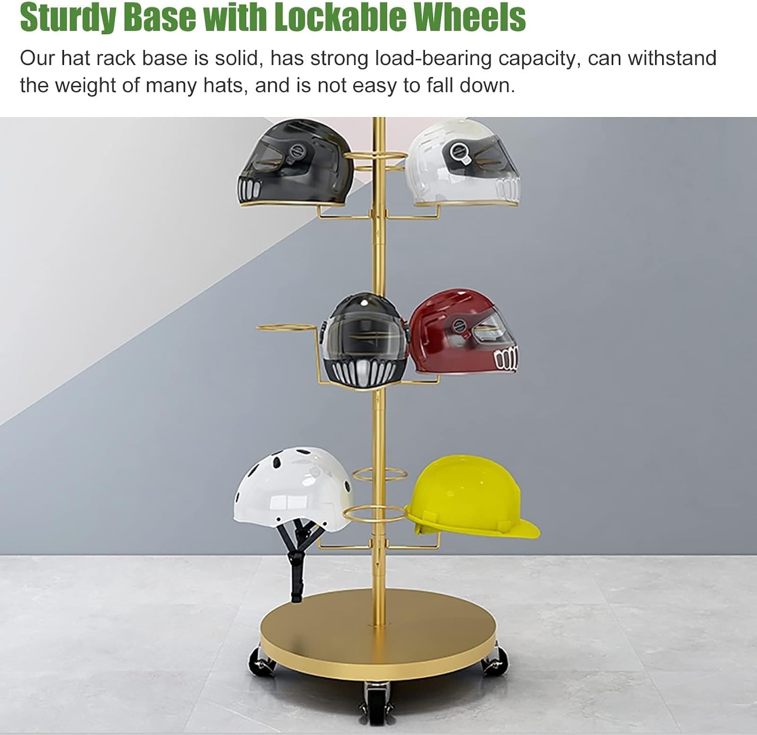 Standing Hat Display Stand - 4-Layer Mobile Metal Organizer Rack for Helmets, Baseball Caps, Wigs & Cowboy Hats, Large Capacity with Lockable Wheels(Gold)