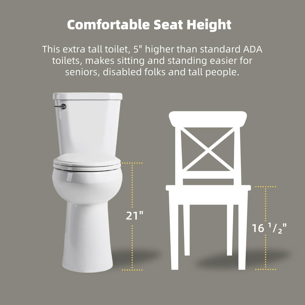 Tall Toilets For Seniors 21 Inch, Los Flexi Comfort & High Toilet, Elongated Bowl and Soft-Close Seat, 1.28 GPF Extra Tall Handicap Toilet with Efficient Siphonic Flush & 12' Rough-In