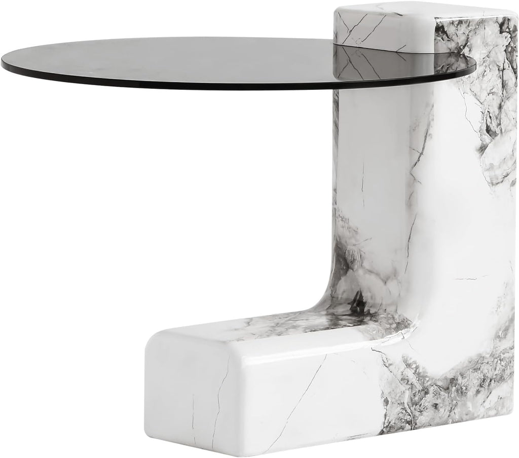 Modern C Shape Side Table,23.23' Round End Table with Strong Base&Glass Top,Large C Shape Side Table for Living Room/Bedroom/Balcony/Office/Studio,Easy Assemble(White)