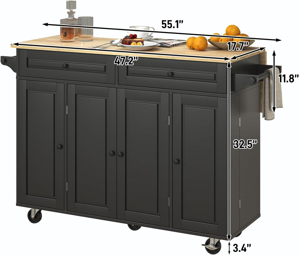 Squireewo 55' Kitchen Cart with Wood Top and Drop Leaf Breakfast Bar, Rolling Mobile Kitchen Island Table on Wheels with Drawer and Storage Cabinet, Spice Rack, Towel Rack, Black