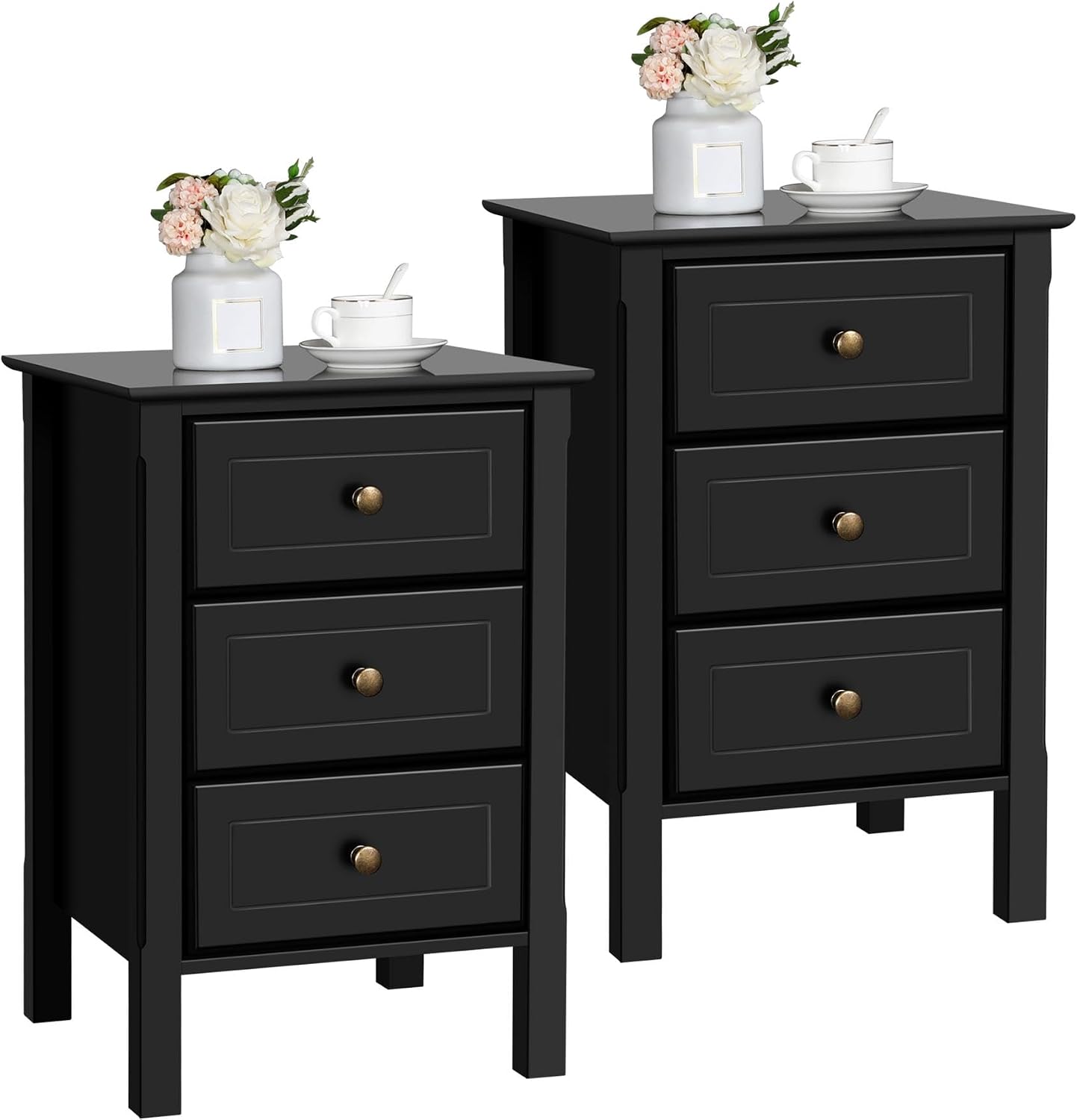 Yaheetech Nightstand Set of 2,Wooden 3-Drawer Bedside Table with Solid Wood Legs, Bedside Cabinet Cupboard Storage Organizer for Bedroom Home Office Small Space, Easy Assembly, Black