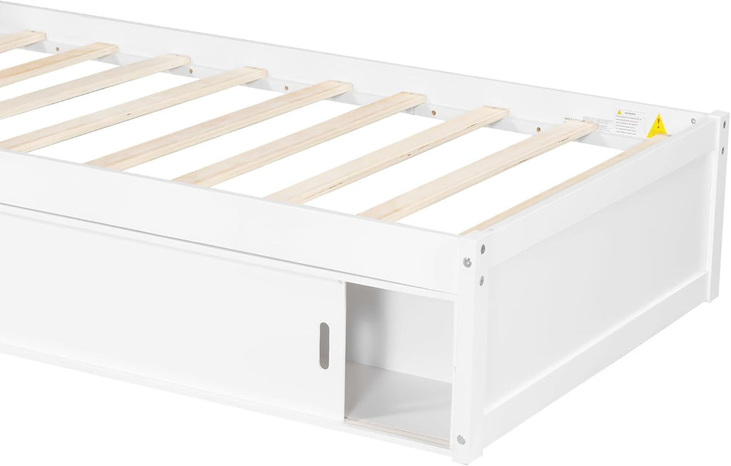 Ball & Cast Twin Size L-Shaped Platform Bed with Storage Cabinets and Multifunctional Desk,Wood Corner Daybed w/Trundle & LED Light,No Box Spring Needed,for Bedroom,Guest Room,Living Room,White