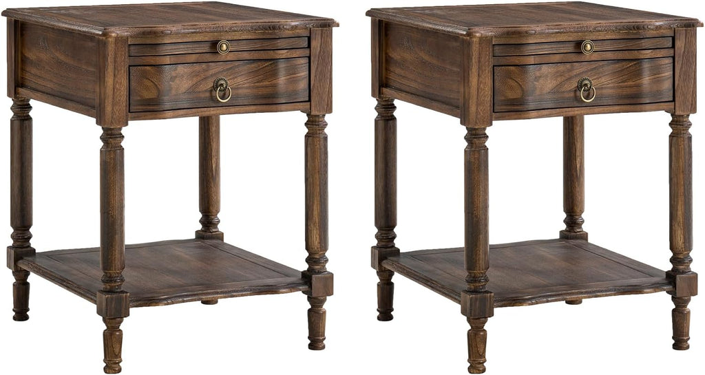 HULALA HOME Small End Table with Charging Station, Solid Wood Side Table with a Drawer & Open Shelf, Vintage Finish, Spindle Legs(Walnut, Set of 2)