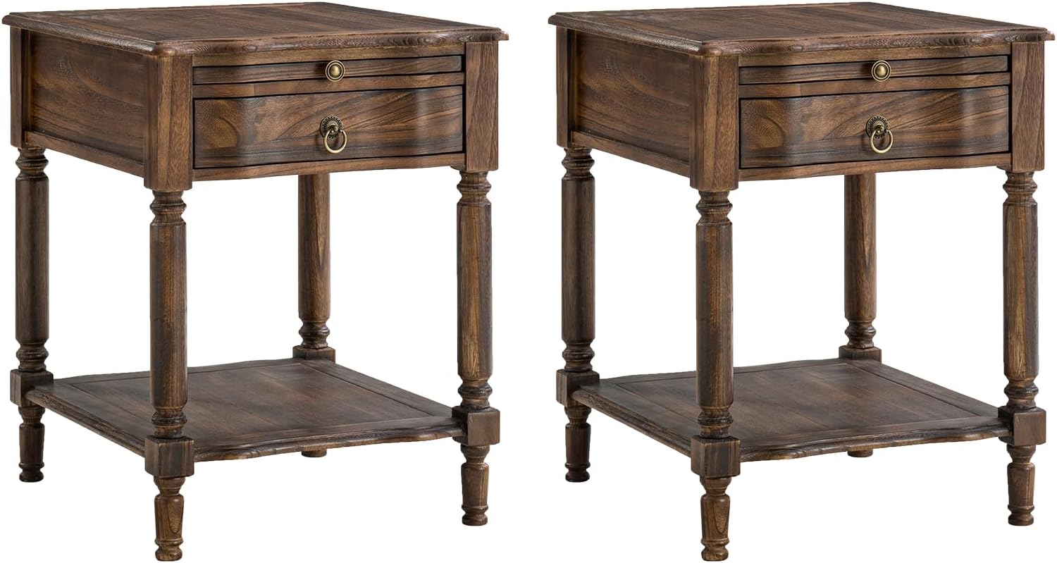 HULALA HOME Small End Table with Charging Station, Solid Wood Side Table with a Drawer & Open Shelf, Vintage Finish, Spindle Legs(Walnut, Set of 2)