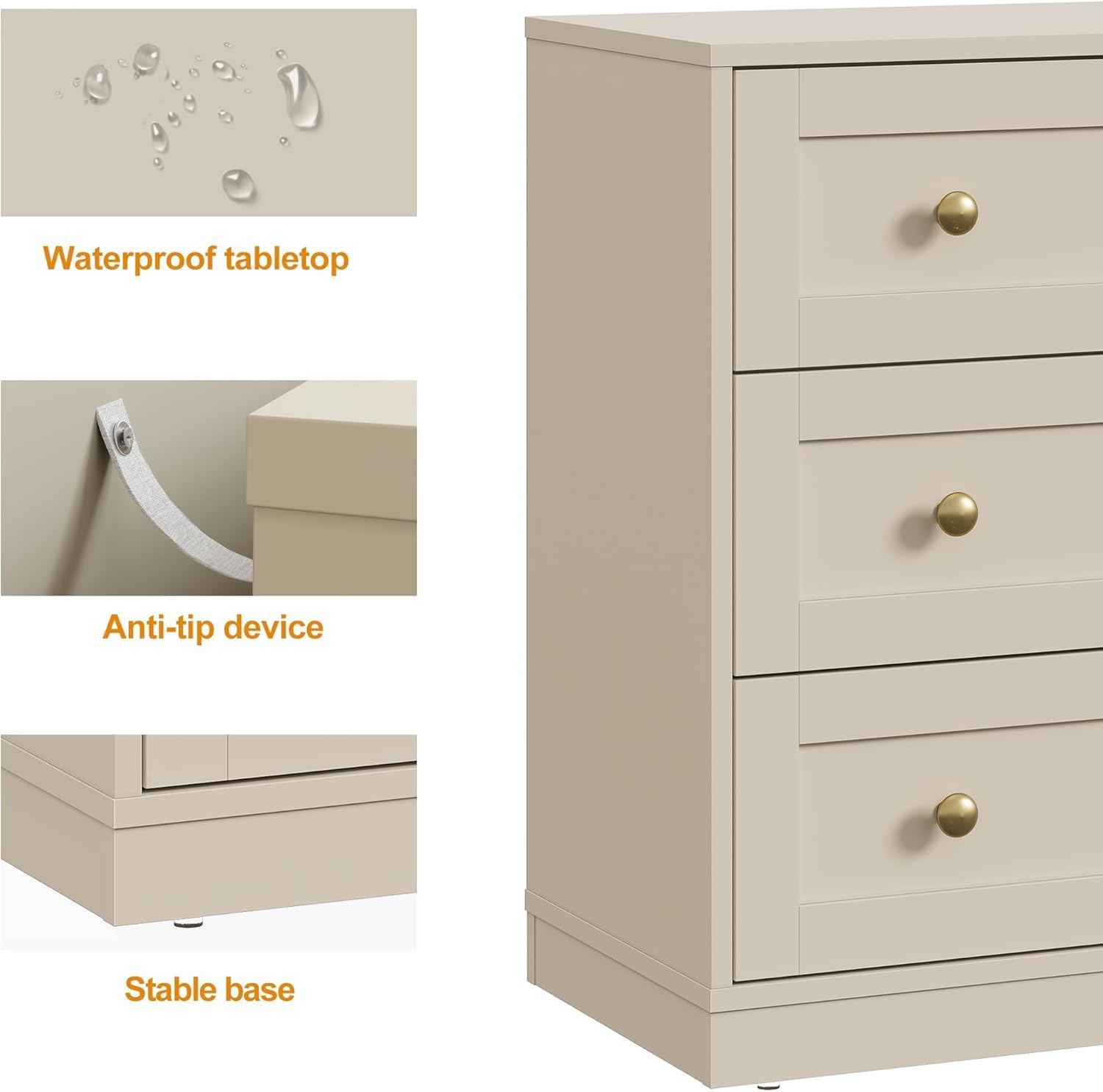 RoyalCraft Nightstand Set of 2, Night Stand with 3 Drawers Storage, Modern Bedside Table, End Table for Bedroom, Hallway, Closet, Beige