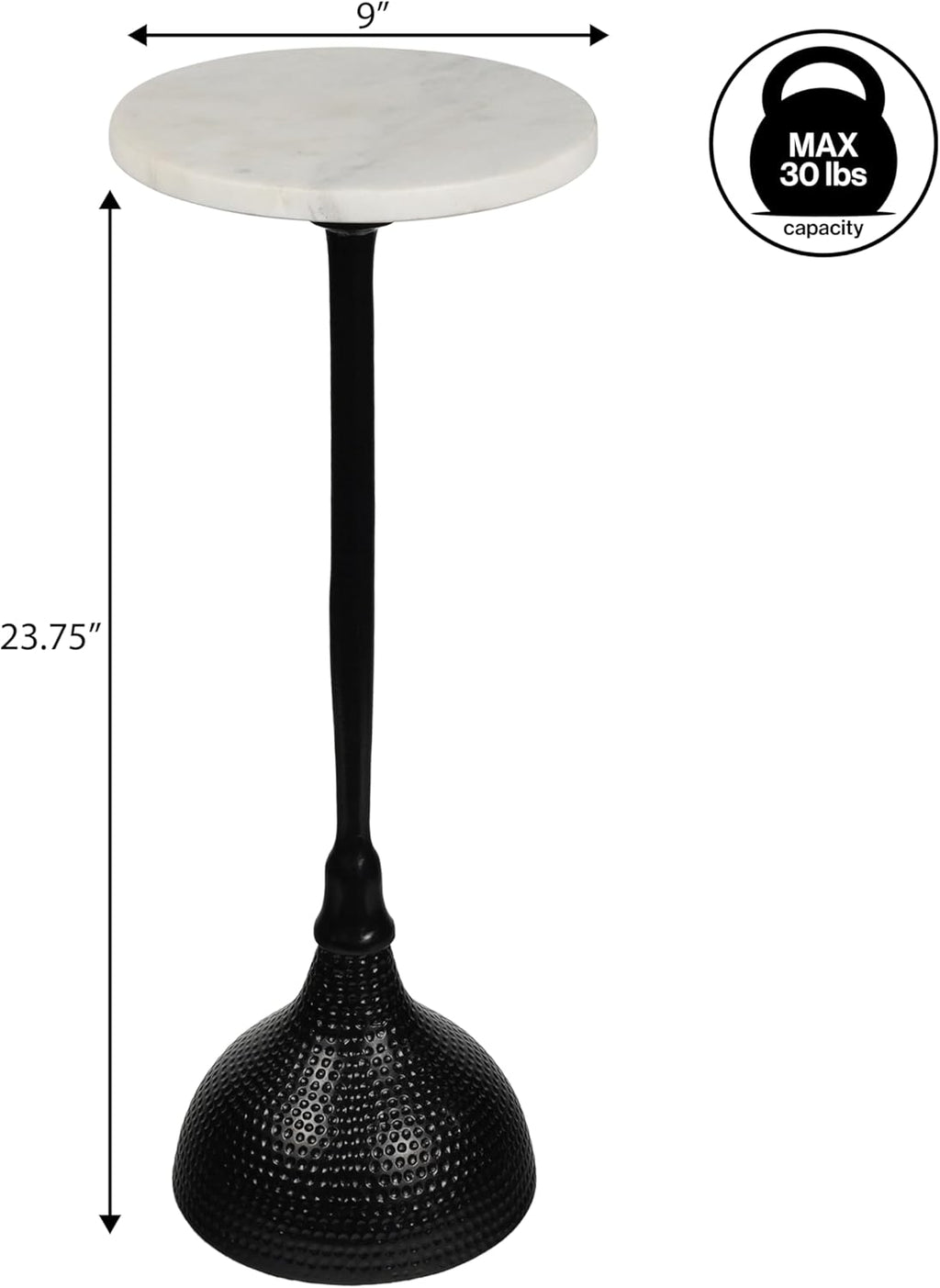 JONATHAN Y END4001C Ava 23.75' Art Deco Contemporary Metal Pedestal Drink Table and Decorative End Table with White Marble Round Top and Hammered Base for Living Room, Bedroom, Office, Black