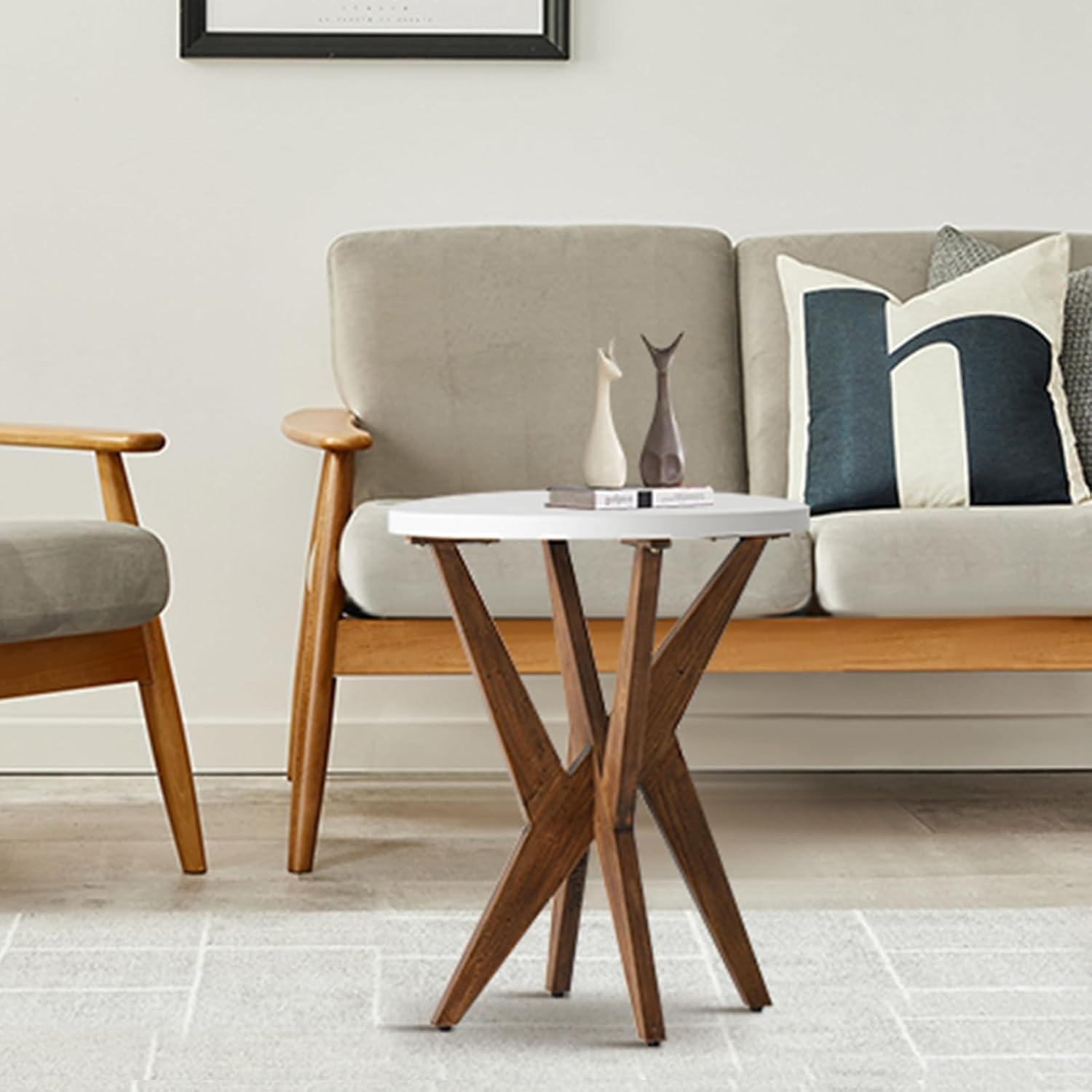 Ahokua Farmhouse Round End Table Set of 2 with MDF Top and Crossed Legs, Boho Small Side Table for Living Room, Balcony, Small Spaces, Easy Assembly Bedside Table