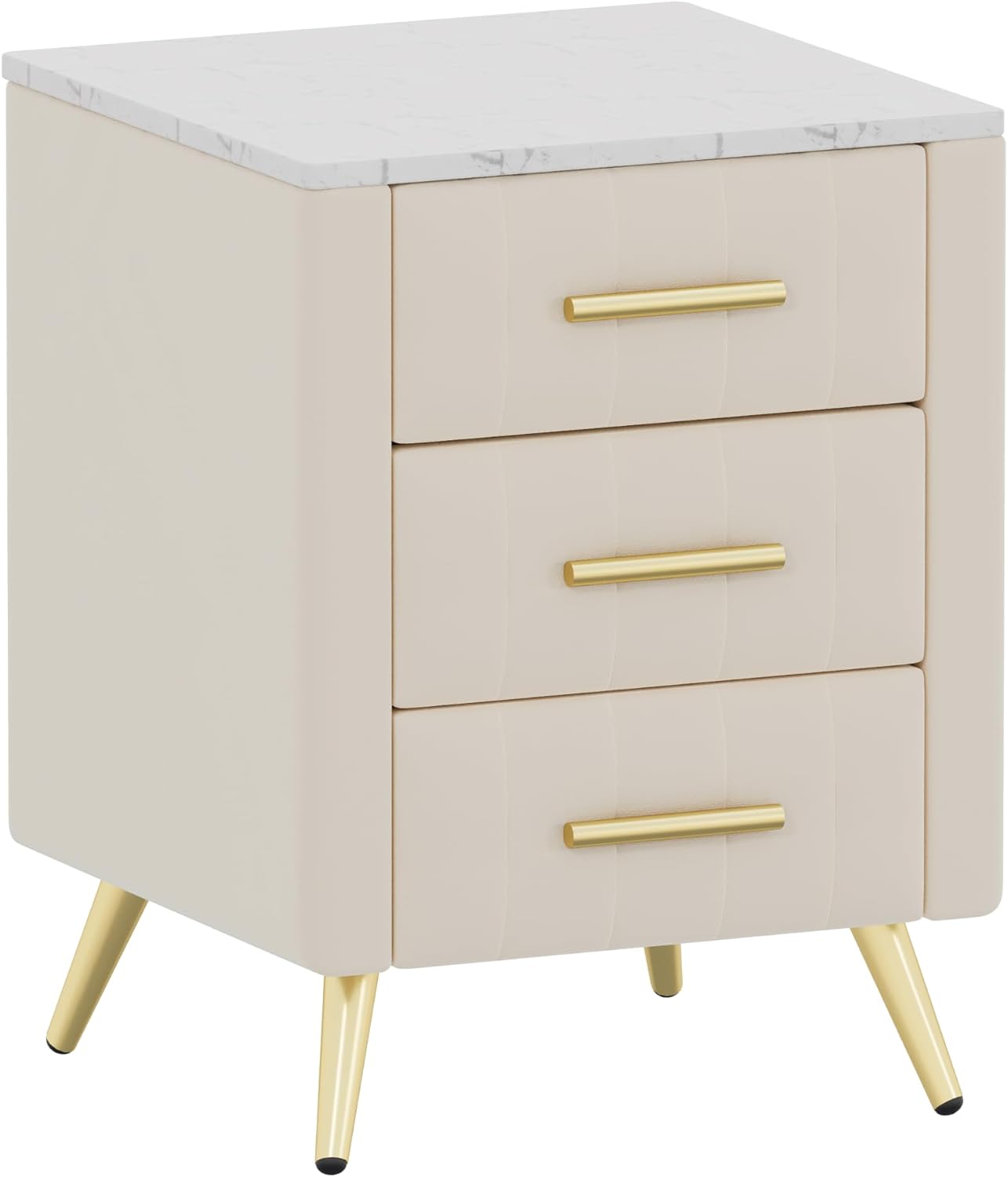 Merax Nightstand with Drawers Set of 2, Upholstered Wood Bedside End Table with Marbling Top, Beige