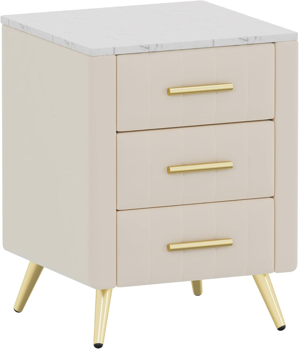 Merax Nightstand with 3 Storage Drawers, Upholstered Wood Bedside End Table with Marbling Top, Beige