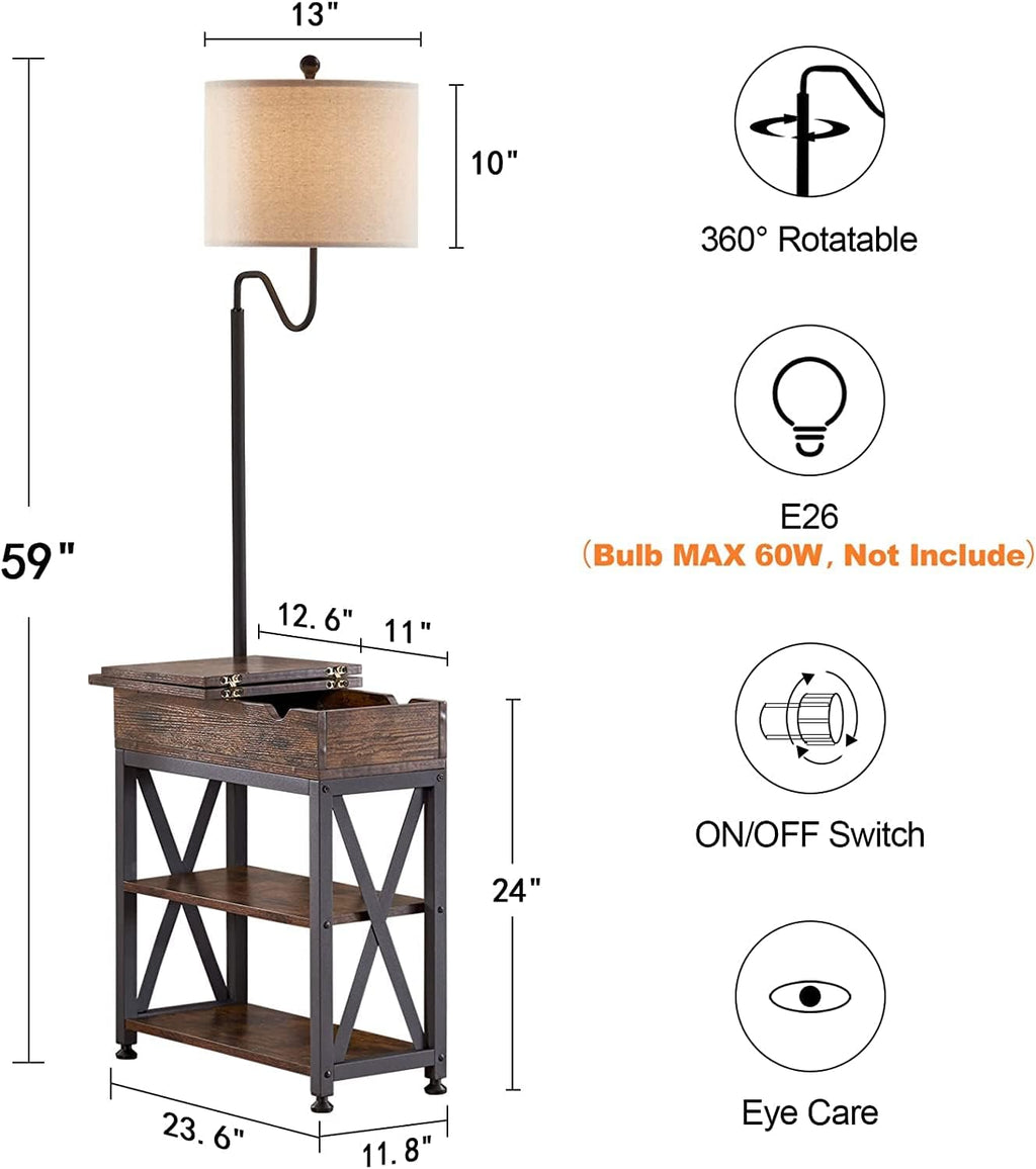 Dungoo Floor Lamp with Table, Narrow End Table with Lamp, Bedside Nightstand with USB & Type-C Ports and 2 Outlets, Rustic Side Table with Storage Shelf, End Table with Lamp for Living Room